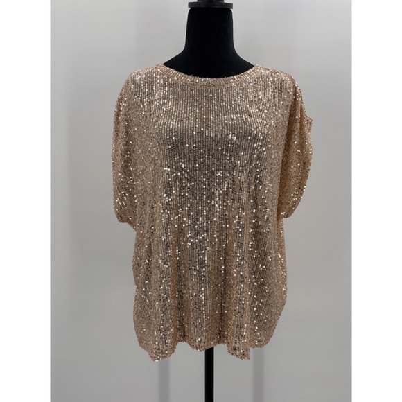 Amaryllis Tops - Amaryllis Women's XL Gold Sequin Knit Top Short Sleeve Sparkly Glam Party Dressy